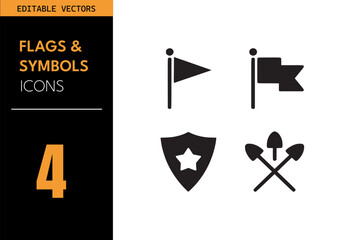 Wall Mural - Flags and symbol icon set. Includes pennant, rectangular flag, star shield, and crossed shovels in bold black silhouettes. Vector illustration