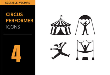 Wall Mural - Circus icon set. Featuring tent, clown, trapeze, aerial act, acrobat, performer, carnival, silhouette and more. Vector illustration