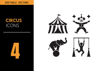 Wall Mural - Classic circus icon set. Featuring tent, clown, elephant, trapeze artist, performance, carnival, show, and more. Vector illustration