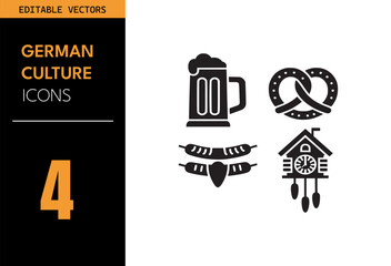 Wall Mural - German culture icon set. Containing beer mug, pretzel, sausage, cuckoo clock, Oktoberfest, food, drink, heritage and more. Vector illustration