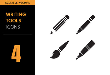 Wall Mural - Writing tools icon set. Includes pencil, paintbrush, marker, sketching pen, drawing utensil, artistic supplies and more. Vector illustration.