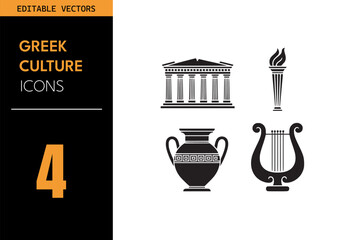 Wall Mural - Greek culture icon set. Includes temple, torch, amphora, lyre, classical symbols, ancient art, history, architecture, mythology and more. Vector illustration