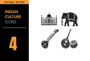 Wall Mural - Indian culture icon set. Includes Taj Mahal, decorated elephant, sitar, and tabla with sitar combo. Black and white traditional silhouette illustration