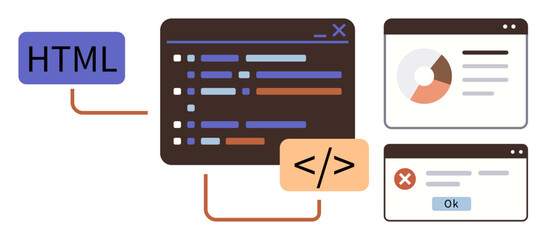 HTML tag, code editor with highlighted syntax, data chart interface, and error message. Ideal for programming, coding, software design, development analytics debugging data visualization. Simple
