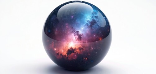 Wall Mural - crystal ball sphere with nebula, galaxy image inside. purple, blue, pink, red, orange light reflect 