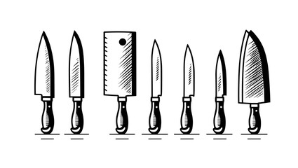 Illustration of a set of kitchen knives including a cleaver with wooden handles in a row on white background