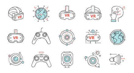Virtual reality technology line icon set. VR headset, controller, and metaverse concept symbols. Modern thin line vector illustrations.
