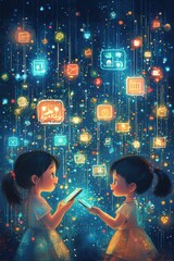 Wall Mural - two girls engaging with technology icons in a vibrant digital theme
