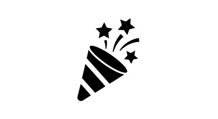 Vector art of a black icon of a party popper exploding with stars and confetti isolated on a white background
