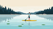 © Graphic Genius - Young caucasian male paddleboarding on serene lake amidst scenic nature and reflection. Vector illustration