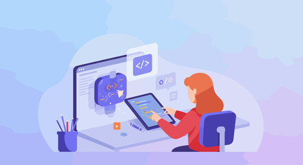 Female adult programmer coding on tablet in modern office environment. Vector illustration