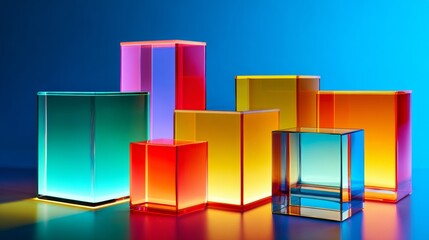 Transparent neon colored acrylic blocks on glossy surface for vibrant modern product display creative branding photography