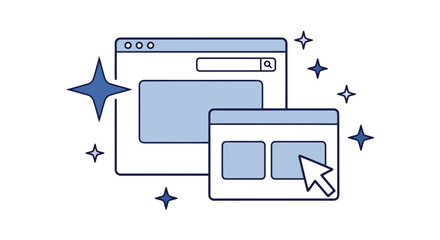 Vector art of a clean and modern illustration of a computer browser interface with a cursor interacting with elements, surrounded by sparkling stars, symbolizing innovation and digital success