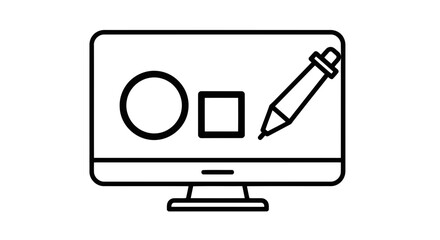 Vector art of a computer monitor displays a circle and a square, with a digital drawing tool poised to create