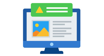 Vector art of a computer monitor displays a website with an image and text, topped by a green notification bar