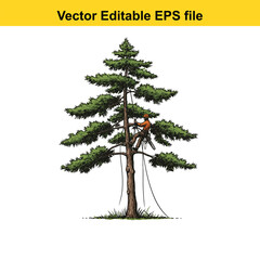 vector art of arborist pruning a tall pine tree with ropes and saw long horn, , long horn