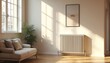 © Vadym - Modern white radiator provides central heating in bright room. Sunlight streams through window, casting shadows on wall, floor. Comfortable sofa, green plant add warmth to interior. Scene illustrates