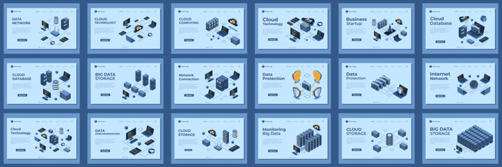 Wall Mural - large set of isometric landing page template. modern technology concept for cloud technology, web ho