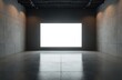 © Vadym - Modern concrete exhibition hall with large blank screen. Minimalist industrial architecture features dark walls, polished concrete floor with dramatic lighting. Versatile for presentations, events,