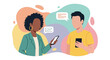 © House of Vector - Diverse individuals engage in a digital conversation, exchanging information and ideas through their mobile phones, set against a vibrant abstract background.