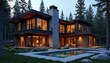 © Vadym - Modern luxury mountain home with contemporary architecture nestled in serene forest setting. Estate features timber, stone elements, expansive windows, outdoor lighting. Includes private pool, deck,
