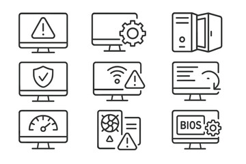 Wall Mural - Computer, security outline icon set. technology, network alert symbols outline package