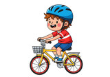 Cheerful boy riding yellow bicycle wearing blue helmet isolated on a transparent background image