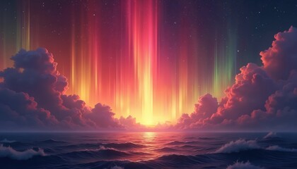 Wall Mural - Vibrant Aurora Borealis illuminates calm ocean at night. Vivid red, orange, yellow, pink, purple, blue lights streak across starry sky above dramatic clouds, glowing sea. Magical, mystical cosmic