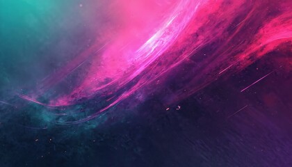 Wall Mural - Abstract graphic features swirling nebulae in vibrant pink, purple, green hues. Digital glitch effect adds futuristic cyberpunk aesthetic. Subtle streaks like shooting stars adorn dark cosmic