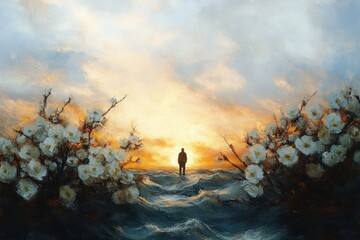 Wall Mural - Silhouette of a lone figure standing between blooming white flowers at sunset with a dramatic sky and soft glowing light