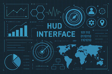 a digital hud interface featuring graphs, maps, and icons, designed for data visualization and user 