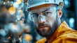 © app - Focused male factory worker wearing safety helmet and goggles working in an industrial setting with blurred machinery background