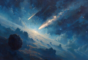 Wall Mural - Vibrant rockets soaring past planets amidst sparkling stars on a deep blue cosmic backdrop, asteroid, planet