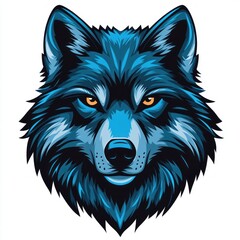  Detailed close-up illustration of a fierce blue wolf face with piercing amber eyes and sharp fur detailing expressing intensity and strength