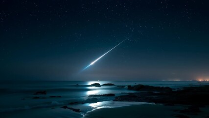 Wall Mural - meteor streaking across the night sky over a calm ocean. ideal for themes related to astronomy, natu