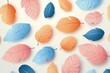 © k - Colorful assortment of pink, orange, and blue stylized leaves scattered on a light background creating a calm and decorative pattern