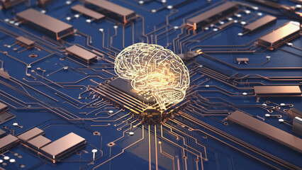Wall Mural - digital brain: a luminous, intricately detailed representation of a brain superimposed upon a cuttin