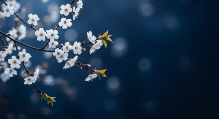Blooming Tree Branch with White Flowers on Dark Blue Background