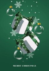 Wall Mural - merry christmas greeting clipart poster. merry christmas green card clip art with hanging gift boxes