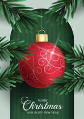 Wall Mural - merry christmas greeting card clipart poster. red xmas ball hanging and pine tree leaves decoration 