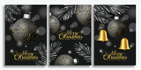 Wall Mural - merry christmas greeting card poster set. christmas card template clip art with hanging xmas balls, 