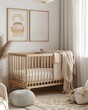 © Dai - Muji-style nursery with wooden crib, neutral textiles, and artwork frame mockup on white wall, soft gentle lighting