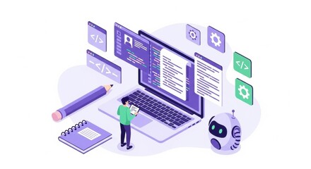 Isometric illustration showcasing software development workflow with human interaction and