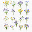 © studio - A collection of sixteen watercolor wildflower bouquets featuring lavender, chamomile, cornflowers, and other meadow flowers.