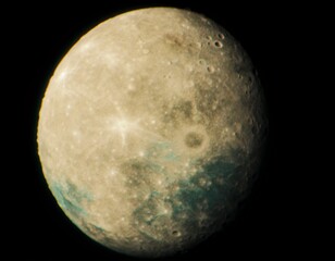 Wall Mural - This image shows Oberon, the outermost major moon of Uranus. Its surface is old and heavily cratered, indicating a long history with minimal geological resurfacing.