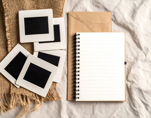 Nostalgic flat lay of vintage photo slides and a lined notepad on aged cotton paper, ready for journaling memories.