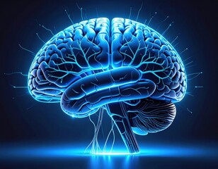 Wall Mural - glowing blue digital brain on dark background, detailed anatomical structure, futuristic medical con