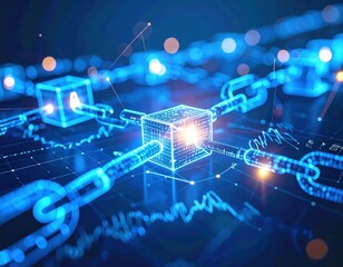 Wall Mural - abstract digital illustration of glowing blue interconnected chains and cube, representing blockchai