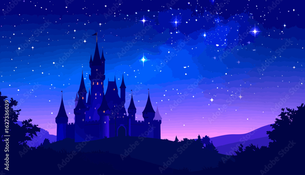 Enchanted fairytale castle with tall spires and glowing windows under a ...