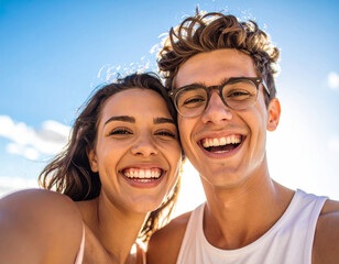 cheerful teenage couple smiling under a blue sky outdoors portrait of boyfriend and girlfriend caref